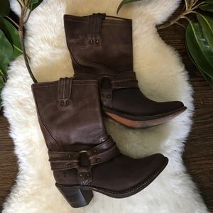 Frye Carmen Harness Short Leather Boots Brown 7.5